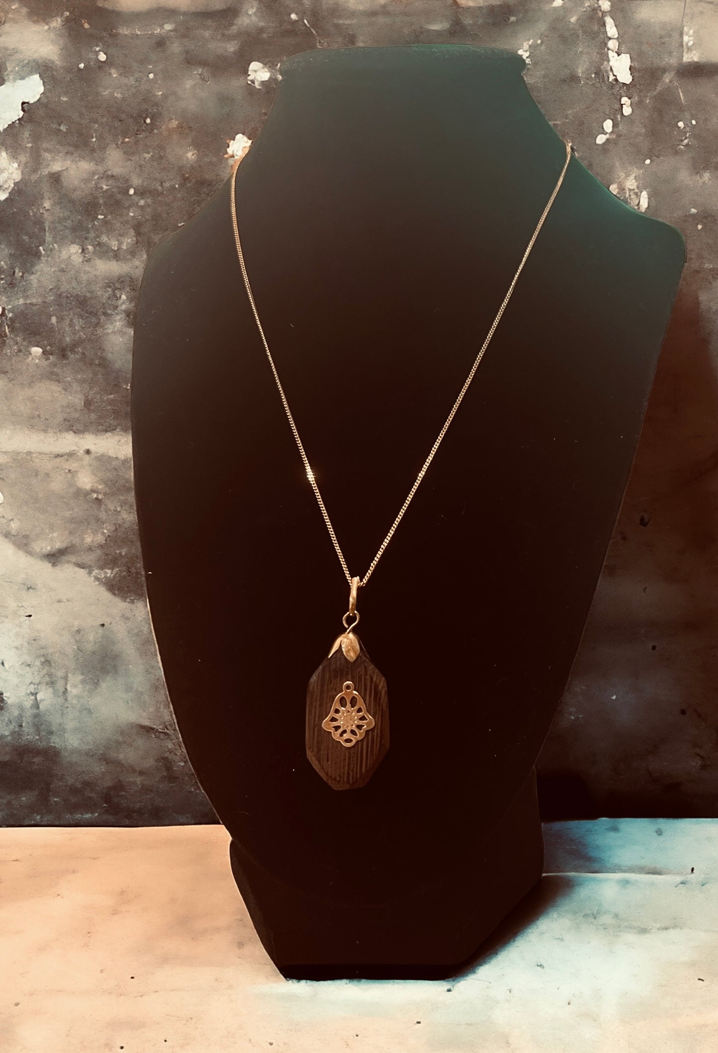 Wooden Pendant Necklace with Hamsa