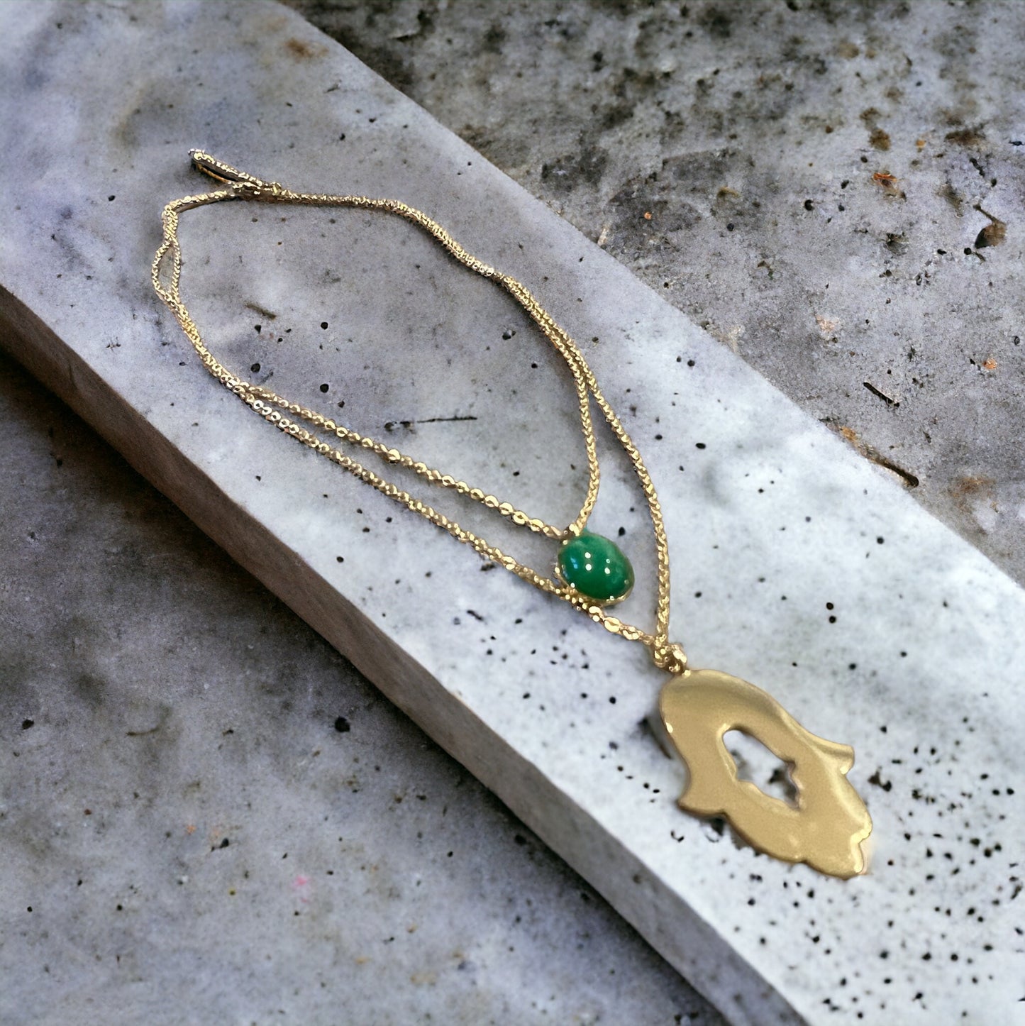 Hamsa Green stone Double Necklace