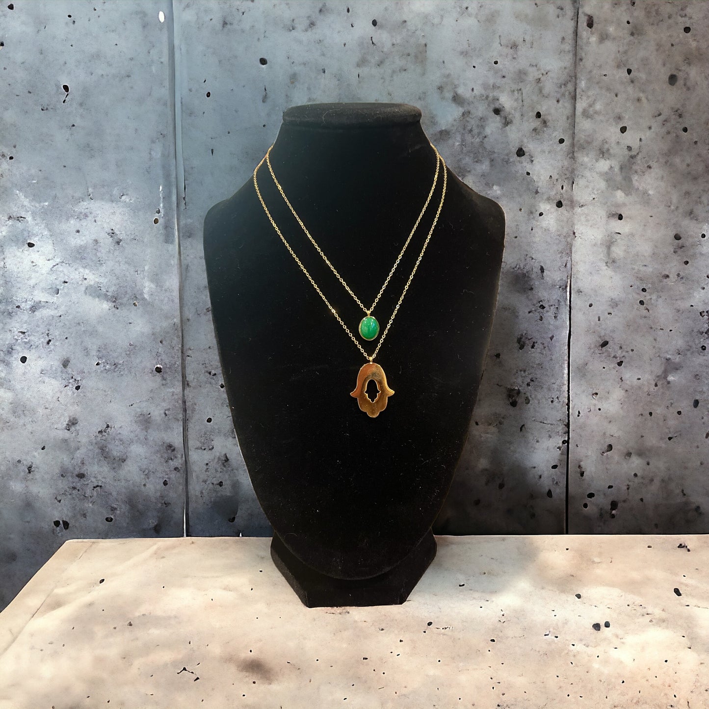 Hamsa Green stone Double Necklace